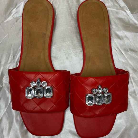 BAMBOO Red Quilted Jeweled Sandals/Slides - Picture 2 of 6